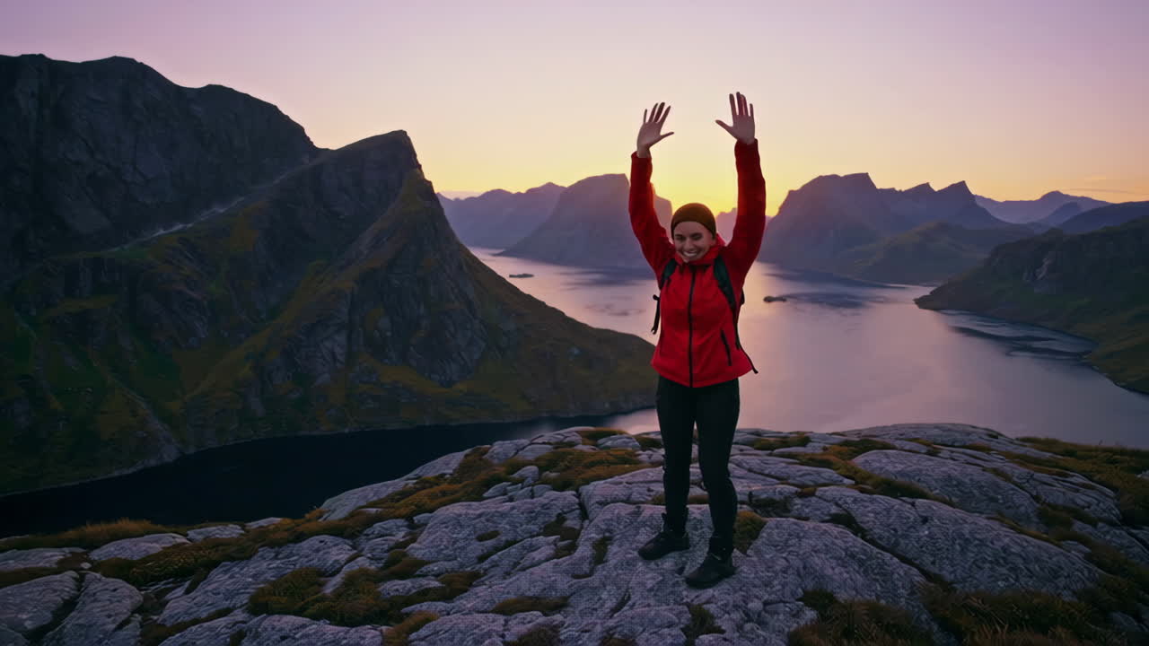 Woman celebrating on a mountain top overlooking a majestic fjord landscape at sunset