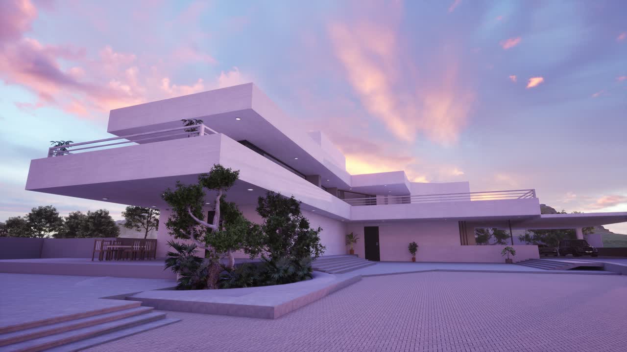Moderne minimalistisk hus ved solnedgang
