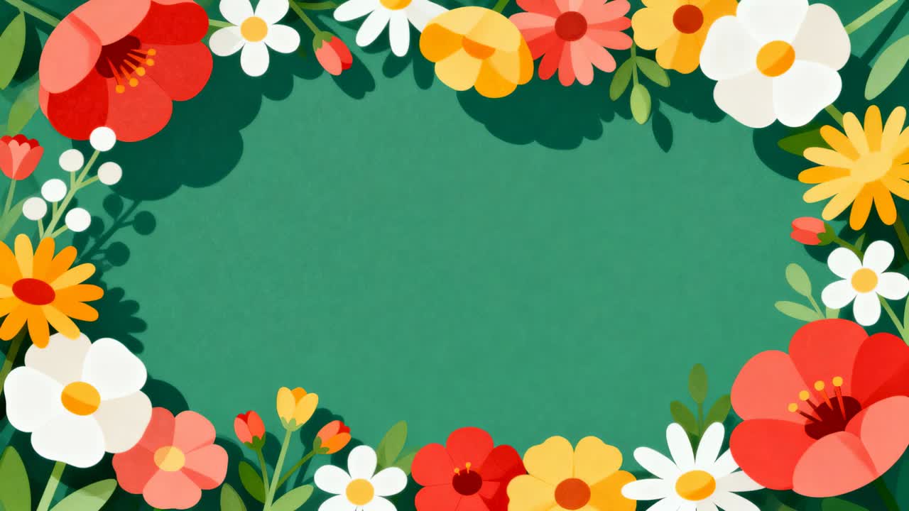 Moldura floral circular envolvendo um painel verde texturizado para texto em cartão, com papoulas e margaridas