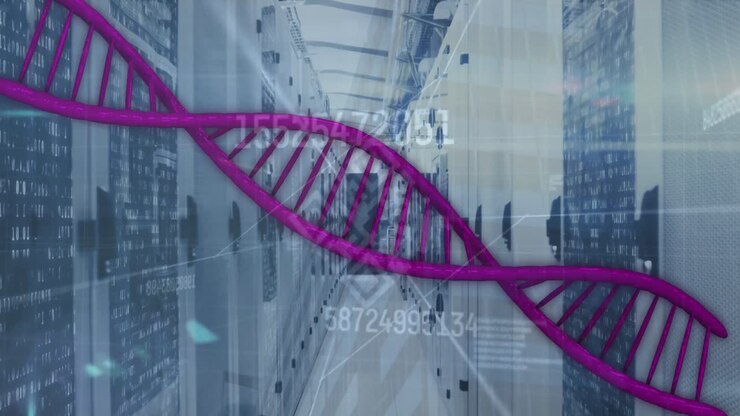 Animation of spinning dna strand over server room