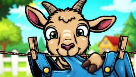 a playful goat chewing on denim overalls in a vibrant, cartoonish farm setting capturing the joy and whimsy of farm life.