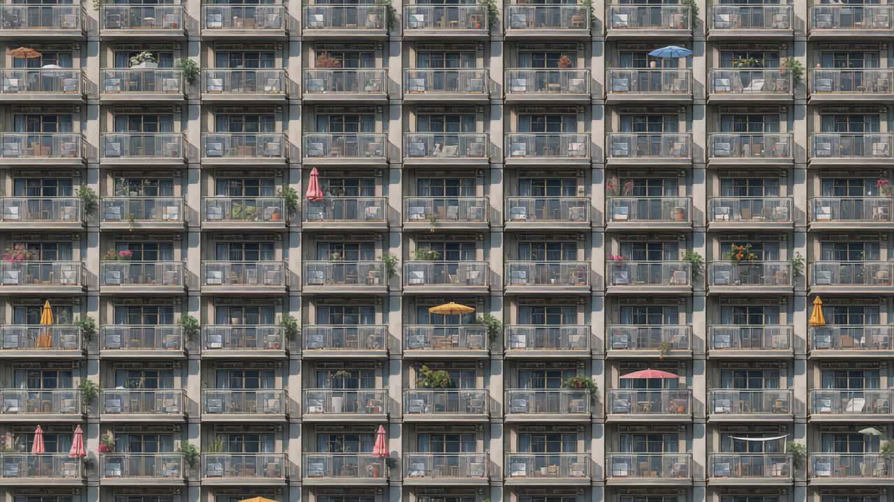 住人がドアを開けたり、バルコニーに出たり、傘を調整したりしているアパートの外観を表示します。