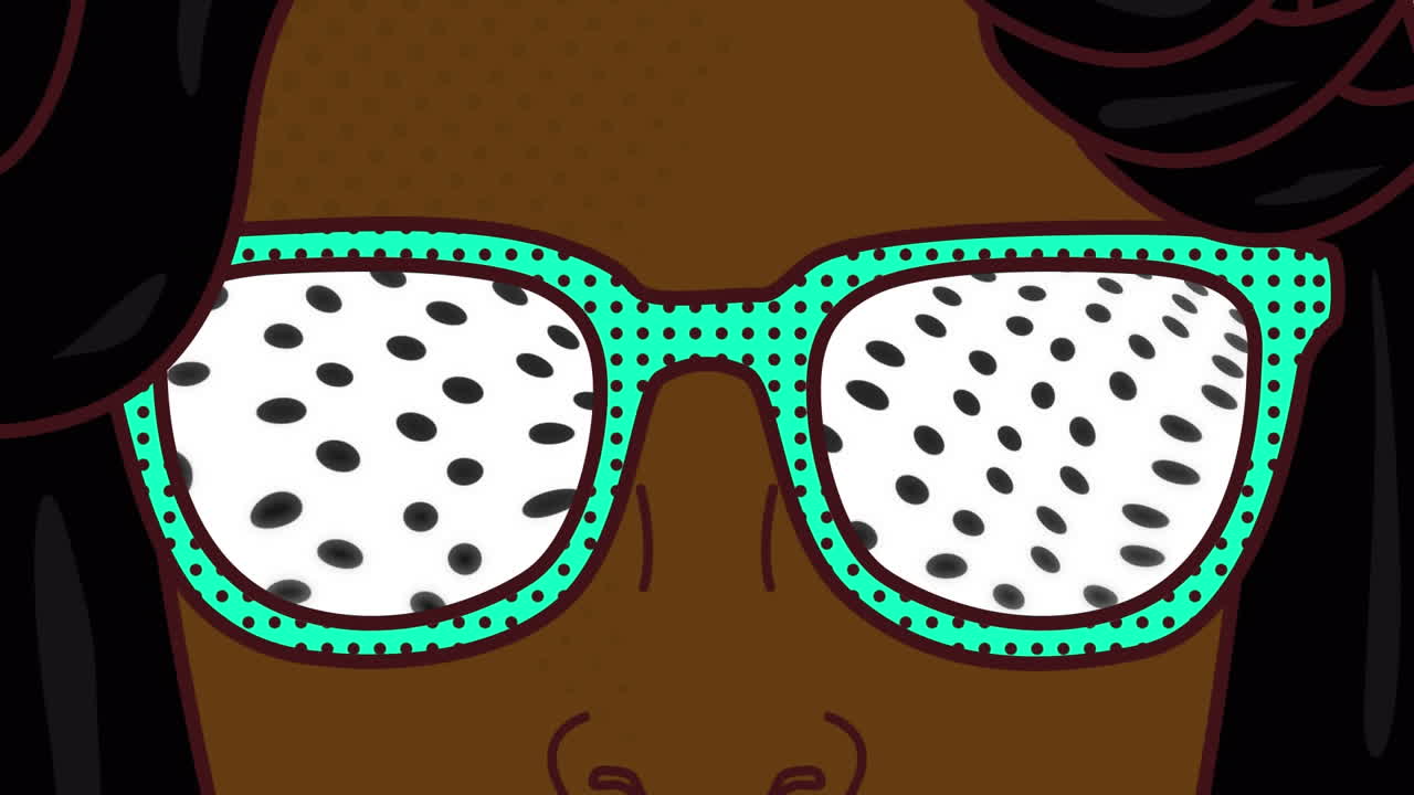 animación de una mujer con gafas y manchas sobre un fondo blanco.
