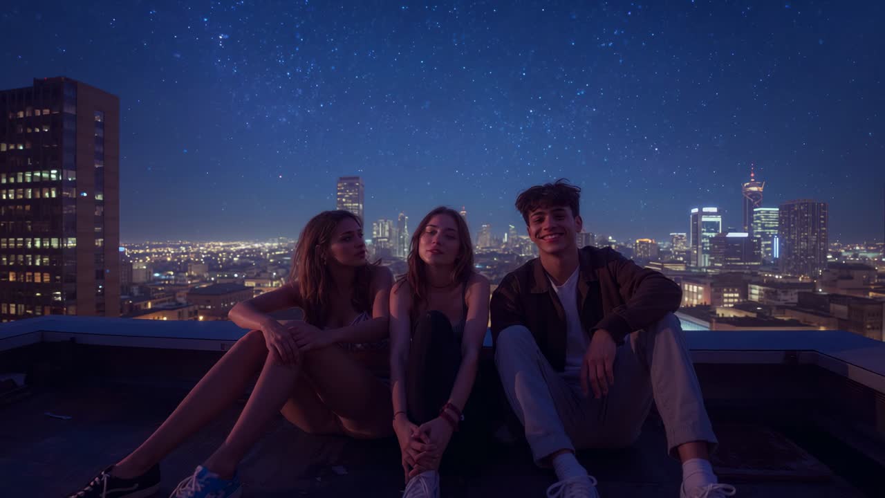Settling three friends exchanging glances, smiling, soaking in city skyline on roof at night