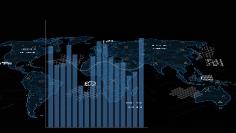 animation of graphs and icons on black background