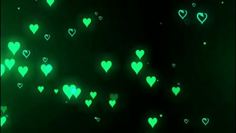 shining green hearts motion graphics with night background