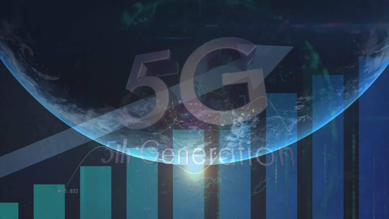 animazione dell'elaborazione dei dati e testo 5g sul globo