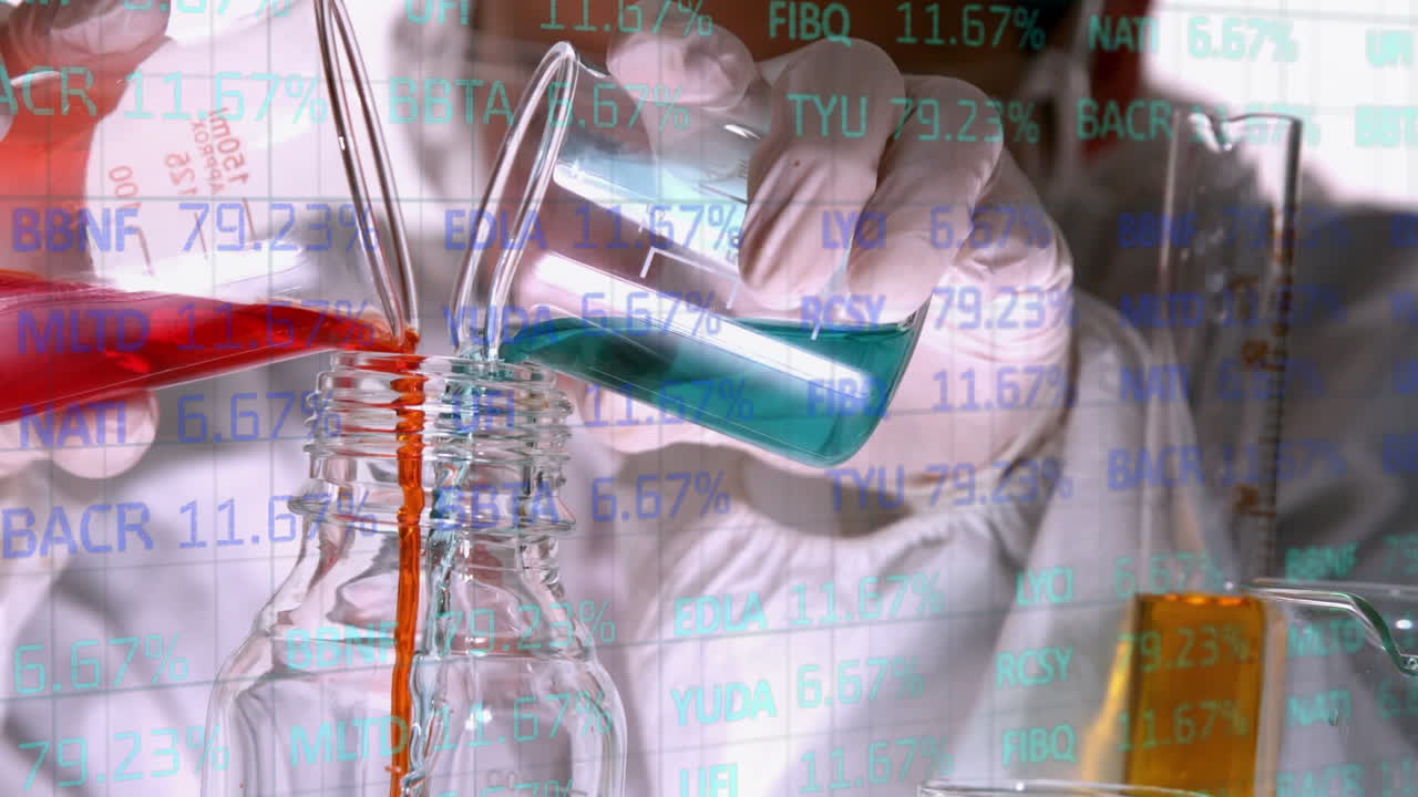 animación del mercado de valores sobre vasos con líquido y científico masculino caucásico