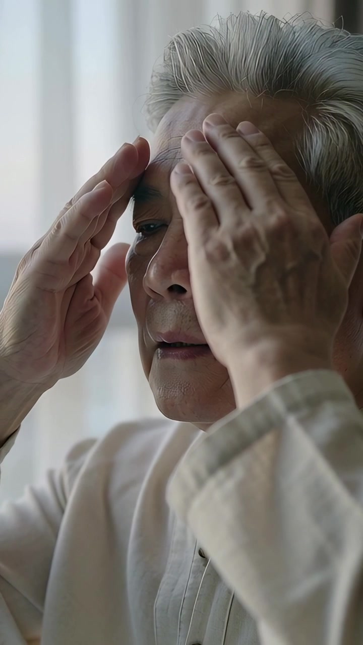 Vertical video: Shielding older Asian man lifting hands to brow near window glare with ring, shirt