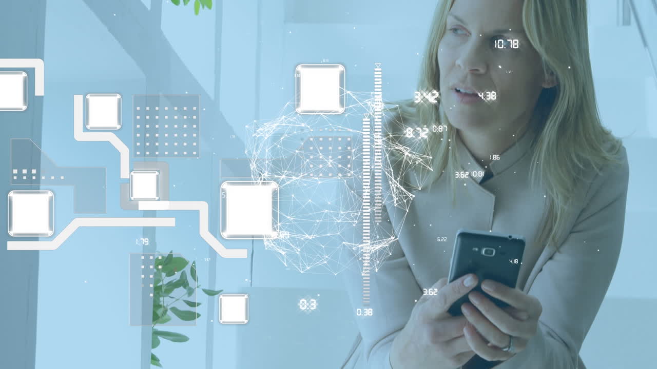 animación del globo y conexiones sobre mujer caucásica usando teléfono inteligente