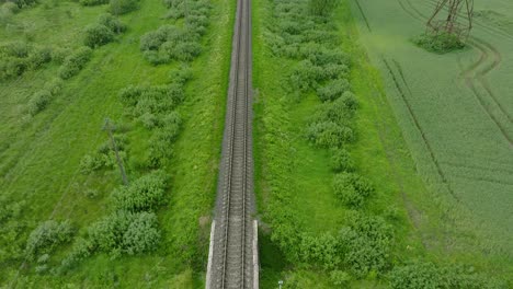 aerial birdseye view of empty railroad train tracks, countryside scenery, fresh green forest on the side, overcast cloudy summer day, wide drone shot moving forward