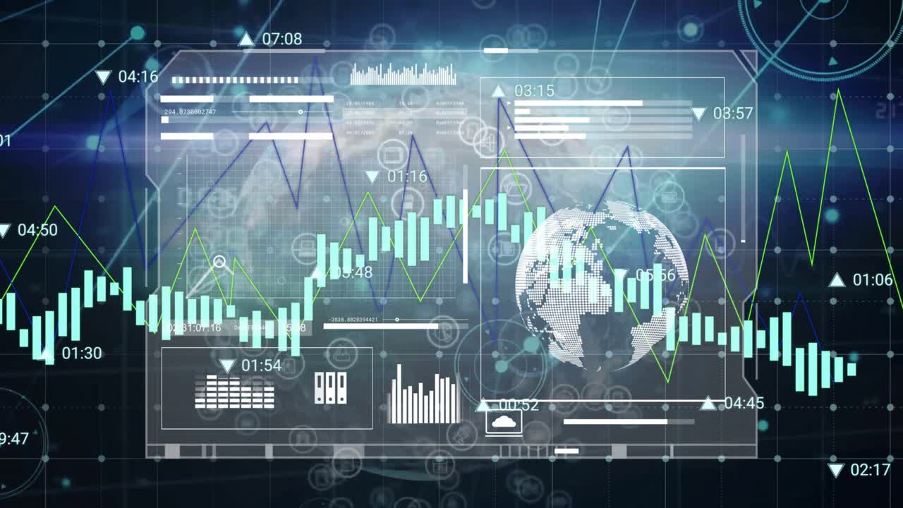 Animation of financial data processing over globe and dark background