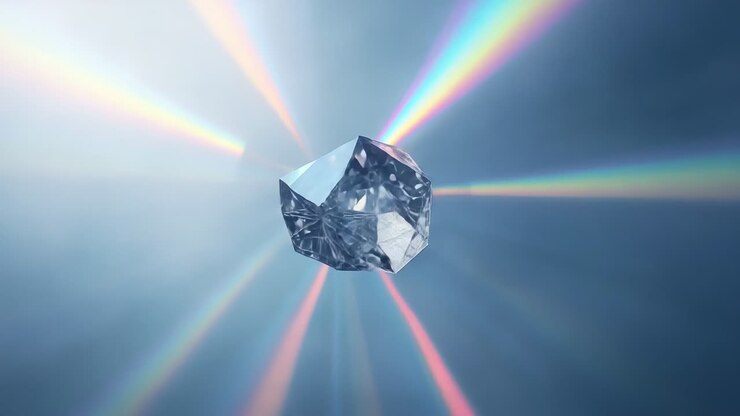 Receiving bright white light, faceted crystal rotating in hazy void, refracting rainbow beams