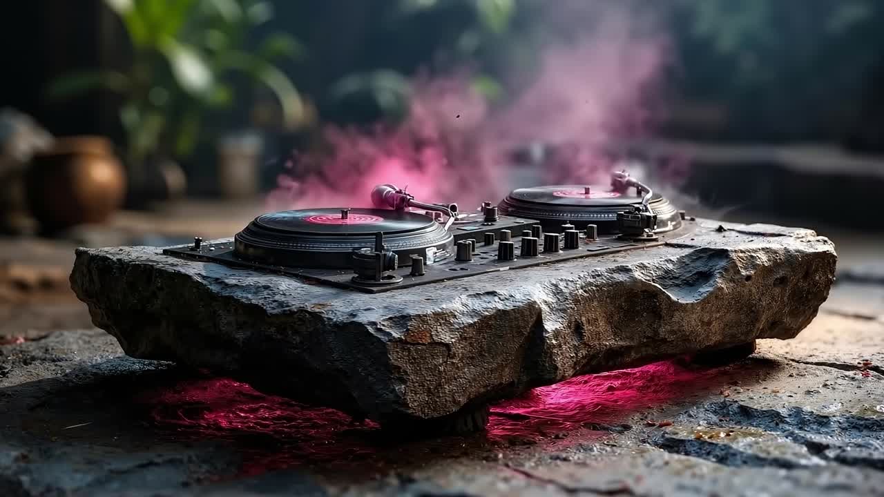 A turntable sitting on top of a rock with smoke coming out of it