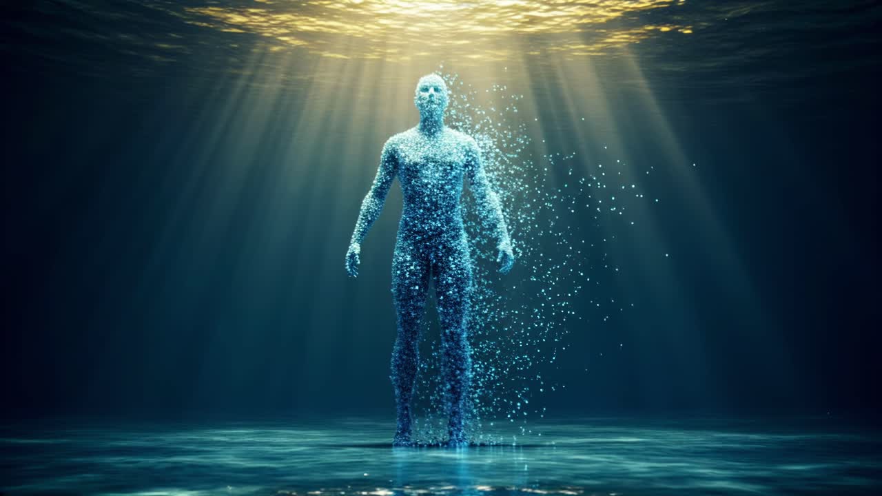 An ethereal figure submerged in the depths of the ocean is illuminated by radiant beams of light, crafting a surreal and magical ambiance