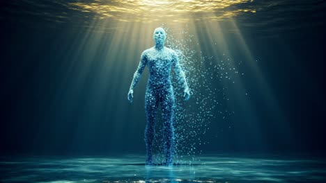 an ethereal figure submerged in the depths of the ocean is illuminated by radiant beams of light, crafting a surreal and magical ambiance