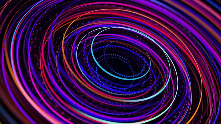 Flusso di luce forma una struttura ad anello. Effetto luce come sfondo astratto in loop con scie luminose, flusso di linee neon multicolori nello spazio che formano anelli. Sfondo di motion design moderno e di tendenza