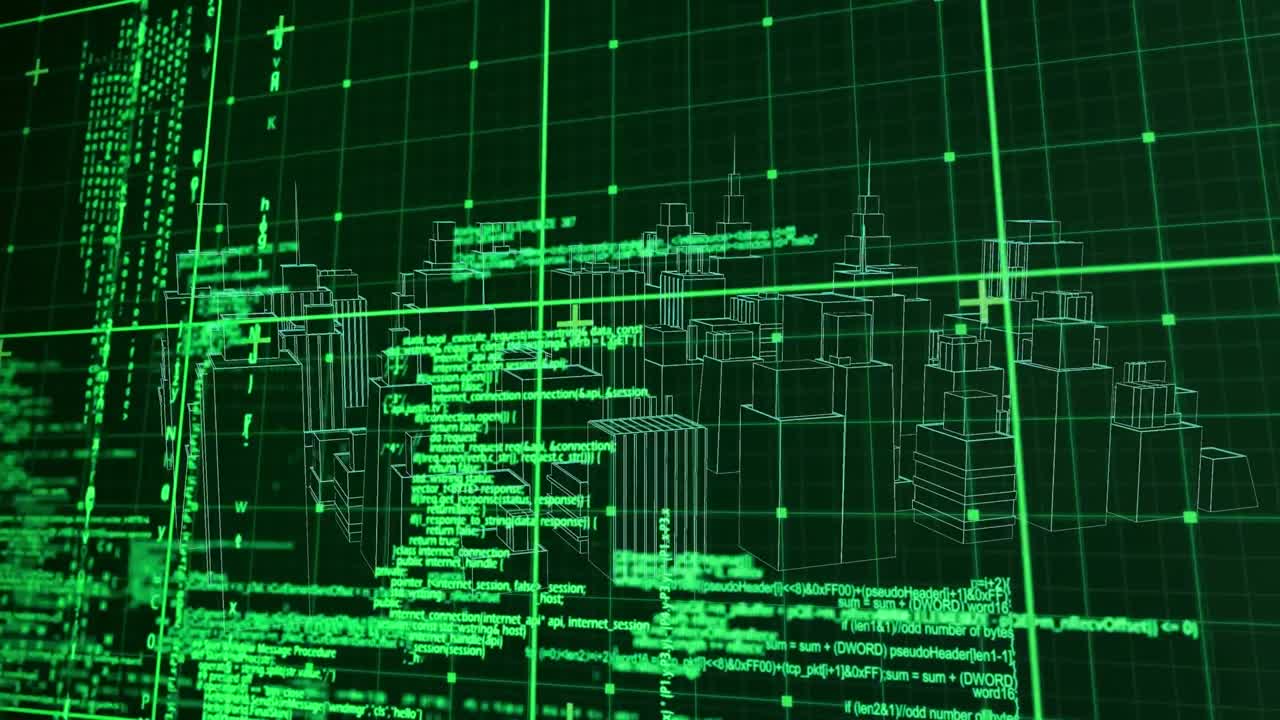 Animation of digital data processing over 3d cityscape spinning