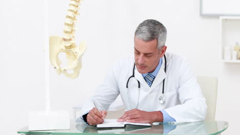 médico trabajando en su escritorio y sonriendo a la cámara