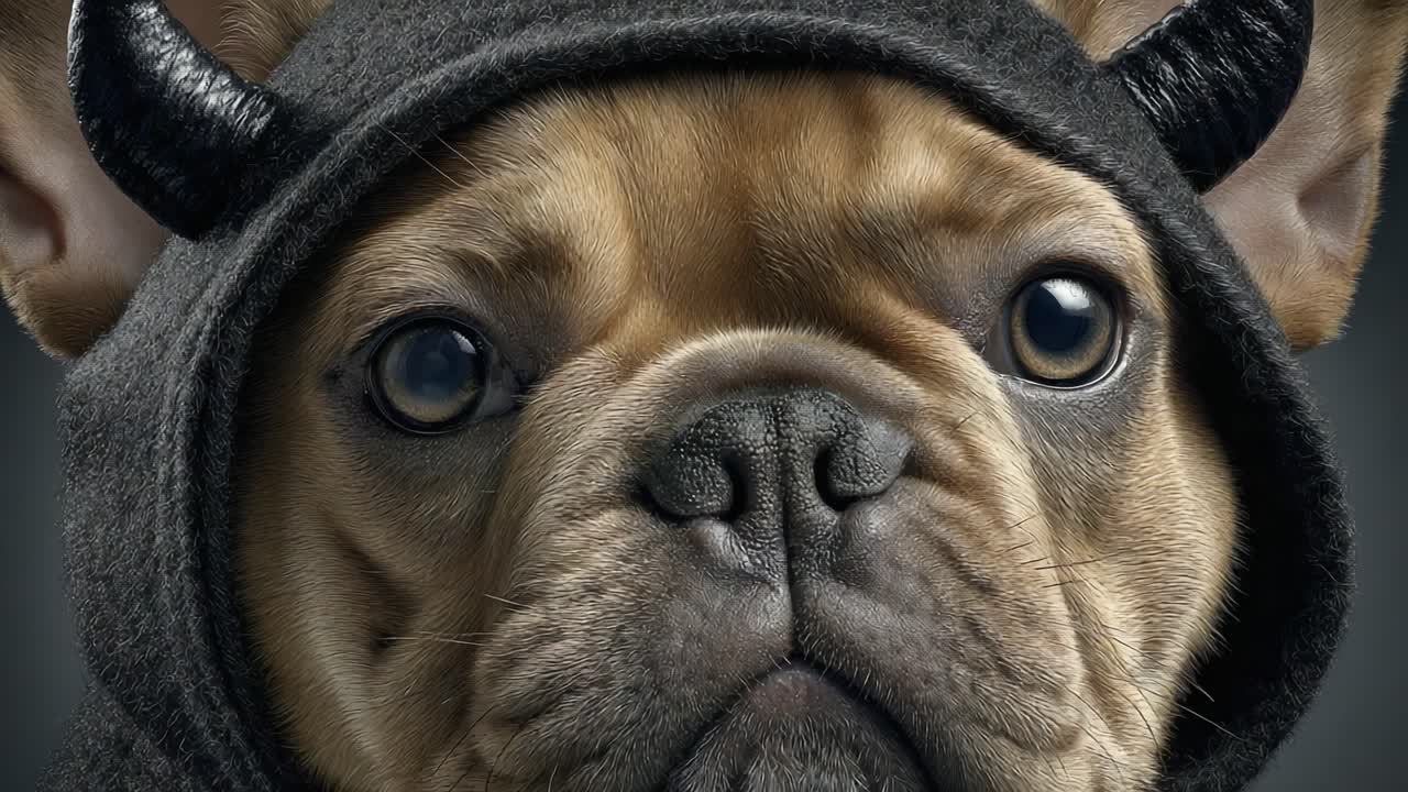 An Adorable French Bulldog Dressed in a Cute Devil Hoodie, Capturing Attention with Its Expressive Eyes and Playful Antics, Perfect for Animal Lovers Everywhere
