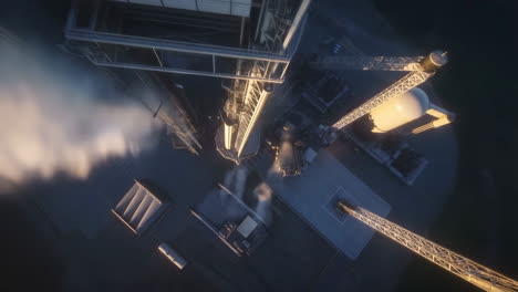 overhead view of a rocket on a launchpad with exhaust at dawn or dusk