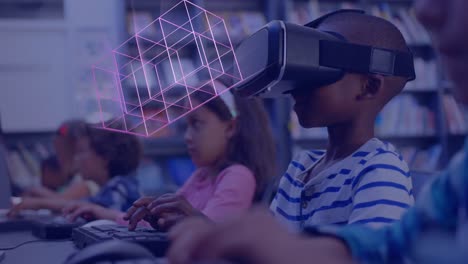 Animation-of-glowing-3d-shapes-over-african-american-boy-using-vr-headset