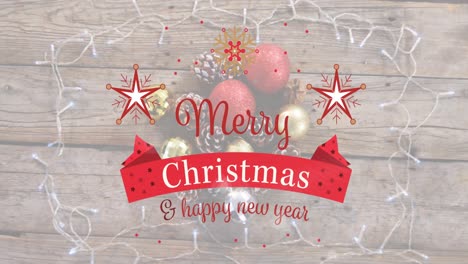 animation of christmas greetings text over christmas baubles and fairy lights