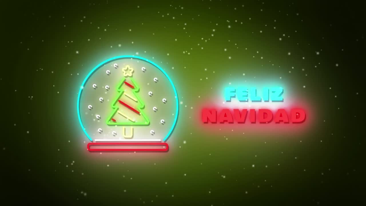 animación de neón de las estaciones navideñas saludos en español y decoraciones sobre fondo verde