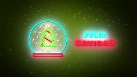 Animation-of-neon-christmas-seasons-greetings-in-spanish-and-decorations-over-green-background