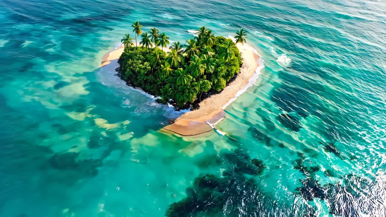 A small island in the middle of the ocean surrounded by palm trees