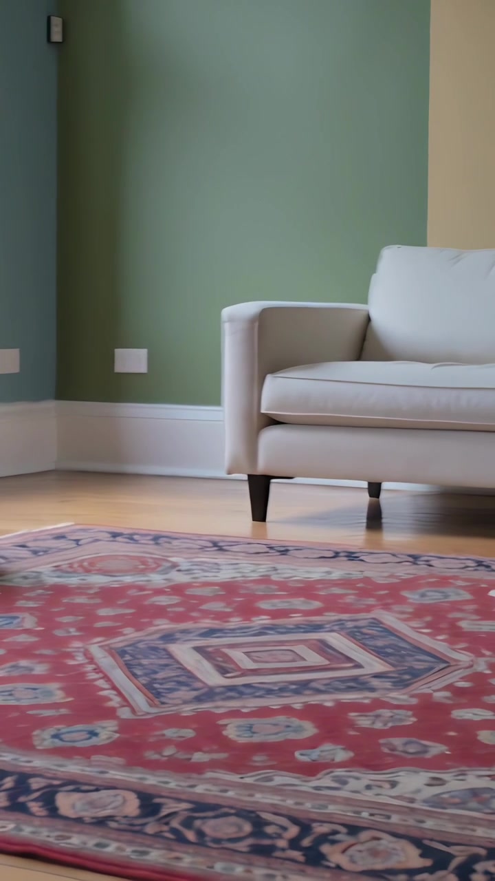 Vertikal video: Kamera panorerer over et rødt teppe i stuen, viser en burgunder stol og en hvit sofa