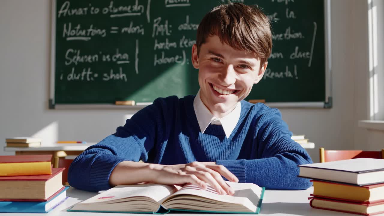 Een vrolijke student leest een boek in een helder klaslokaal