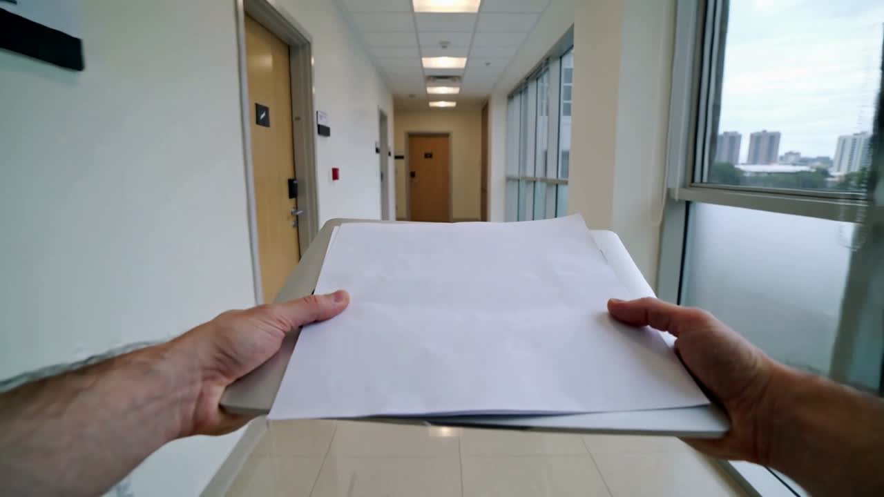 Walking person holding stack of white papers on laptop down bright corridor, heading to closed door