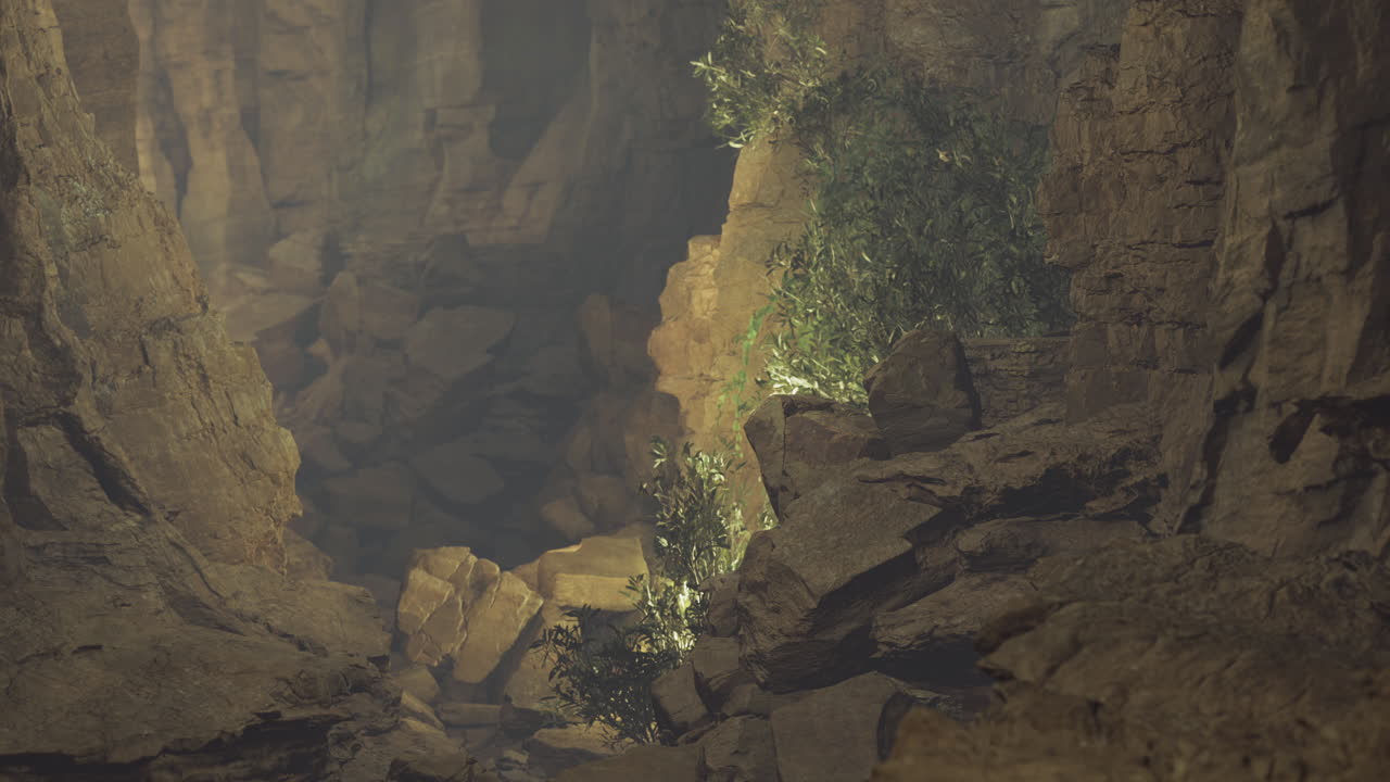 Maestoso paesaggio canyon con vegetazione sparsa sotto una luce soffusa