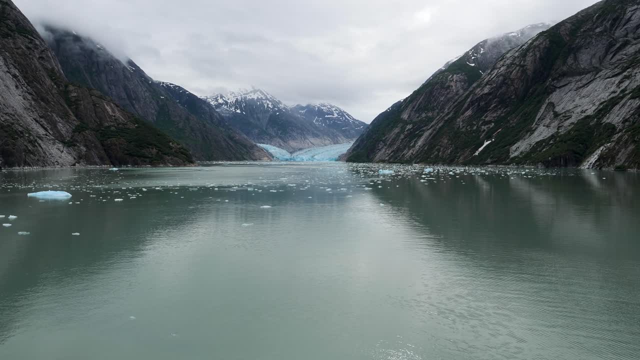 Wide shot of Dawes Glacier and the narrow-fjord Endicott Arm, Alaska.