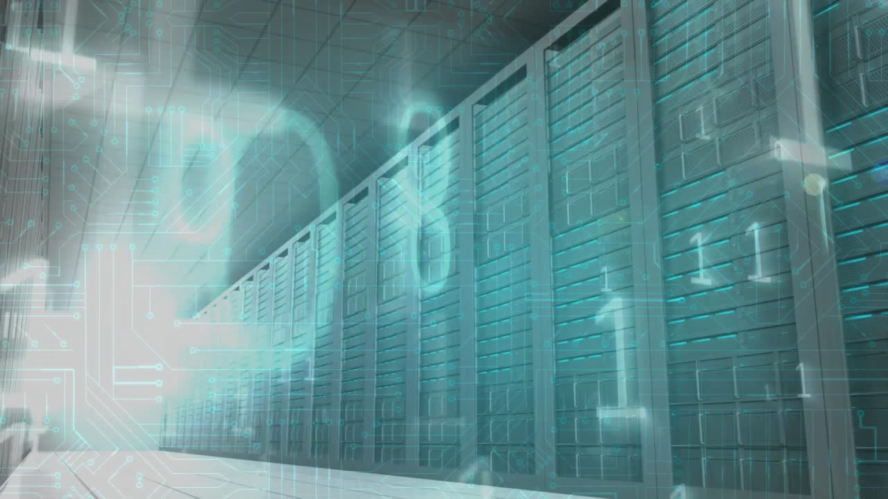Animation of data processing with computer circuit board over server room