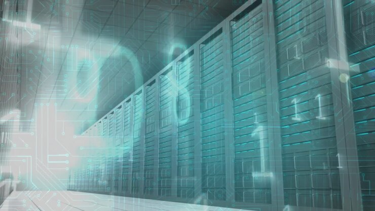 Animation of data processing with computer circuit board over server room