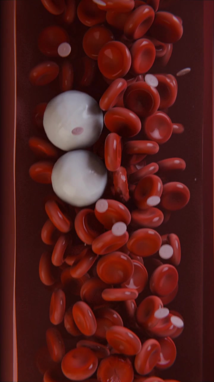 Video verticale: Entrano sfere bianche che spingono le cellule rosse lungo un vaso stretto, piastrine che fluttuano