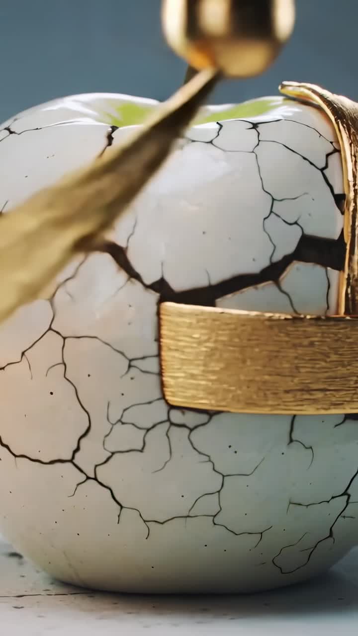 Vertical video: Sliding gold strap entering right wrapping cracked ceramic apple on table repairing