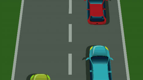 animation of video game screen with cars racing on moving street