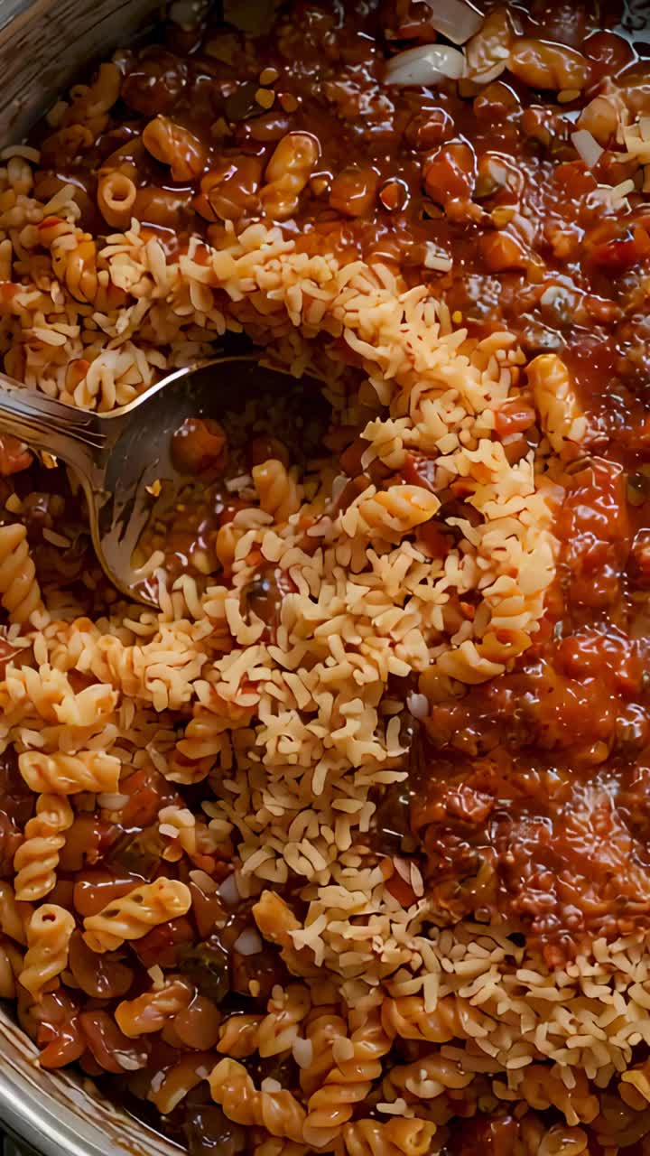 Video verticale: cucchiaio che raschia e versa riso in una salsa per mescolarlo in una pentola sul bancone, con pasta e fagioli