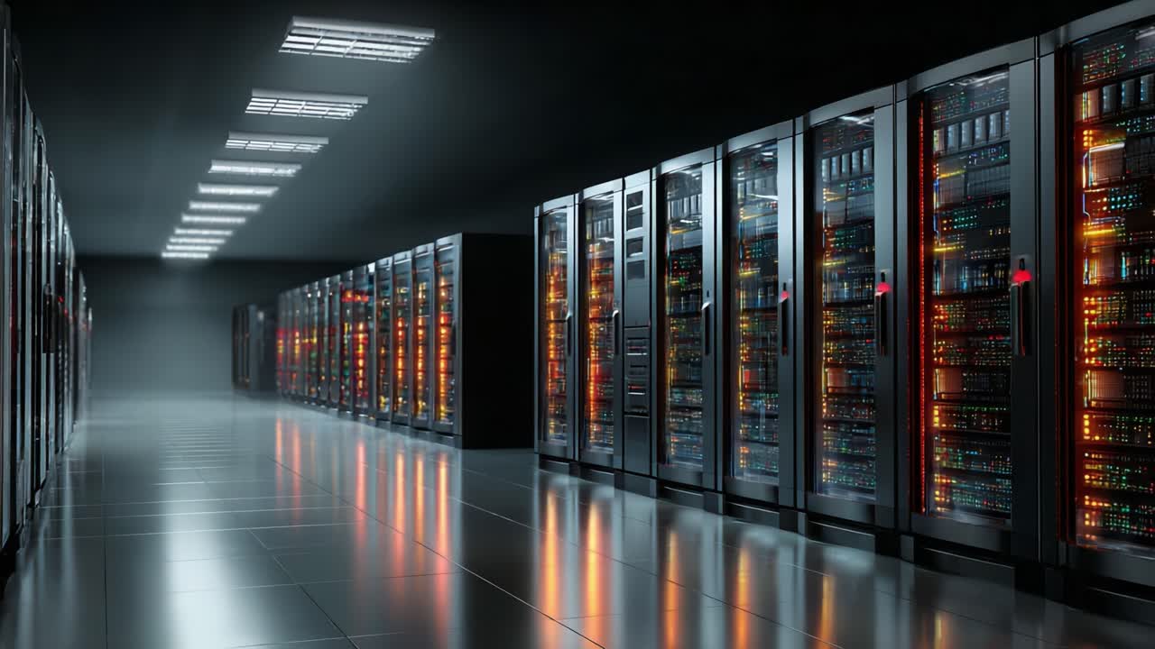 A Glimpse into a Modern Data Center: Rows of High-Tech Server Racks Illuminated by Multicolored Lights, Showcasing the Power of Information Technology Infrastructure