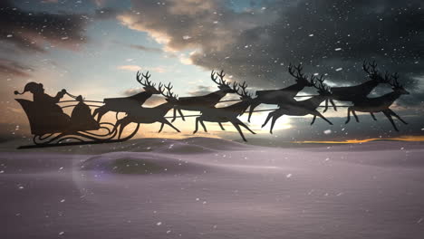 Animation-Von-Schnee,-Der-über-Die-Silhouette-Des-Weihnachtsmanns-Im-Schlitten-Mit-Rentieren-In-Einer-Winterlandschaft-Fällt