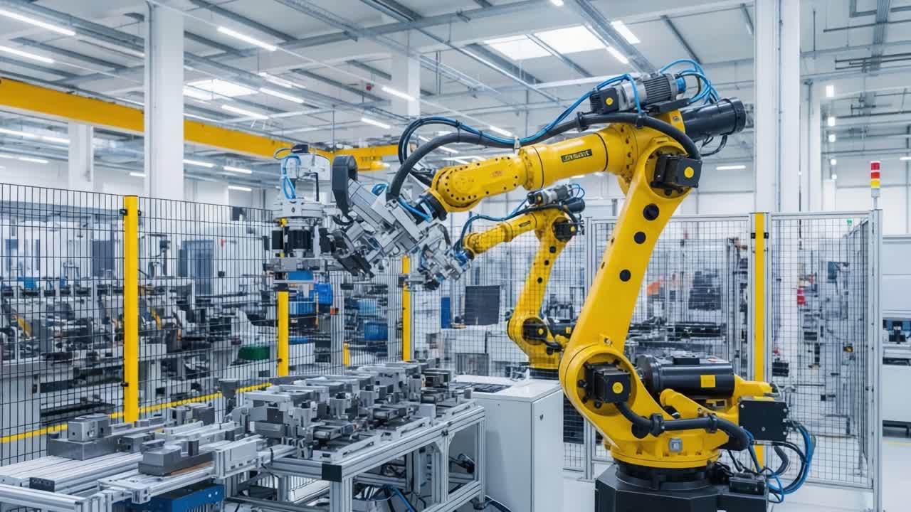 Advanced Industrial Automation: A High-Tech Robotic Arm Operates in a Modern Manufacturing Environment, Showcasing Precision and Efficiency in Production Processes