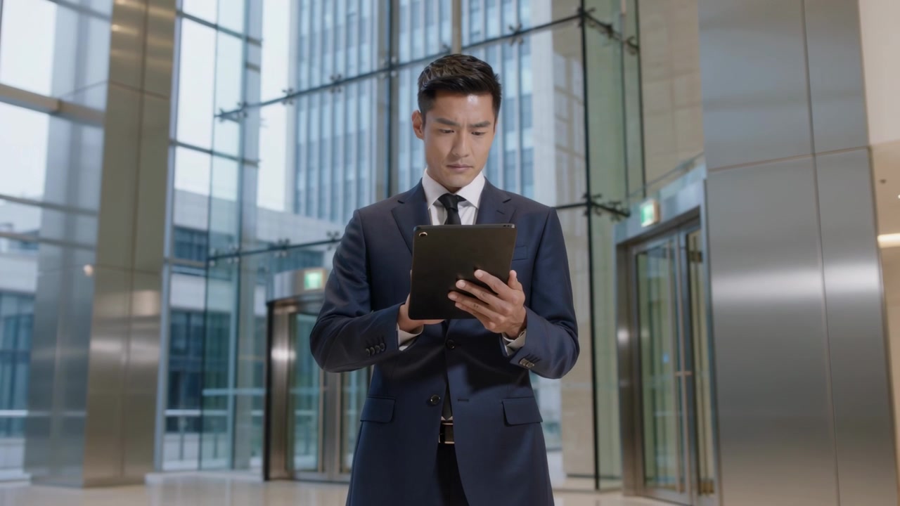 Homem asiático de terno azul-marinho usando tablet em saguão corporativo, com parede de vidro.