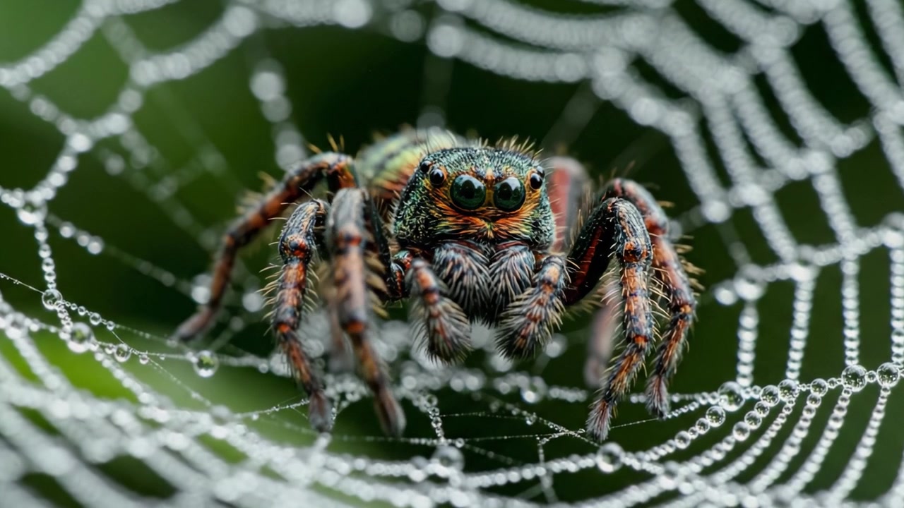 Et fantastisk nærbilde av en fargerik edderkopp som hviler i sitt intrikate nett dekorert med duggdråper, som fanger naturens små underverker i detalj