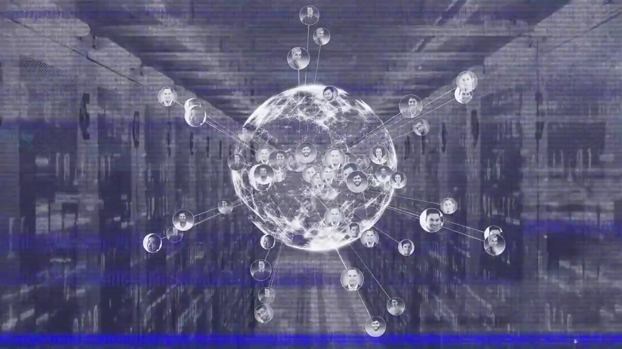 Animation of globe and data processing over composition of human brain