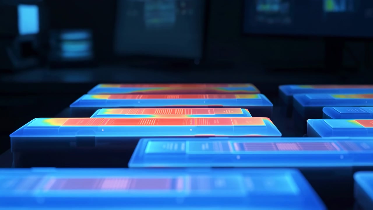 Futuristic digital interface panels glow in blue light across a dark technology background, arranged in strong perspective with a central foreground focus
