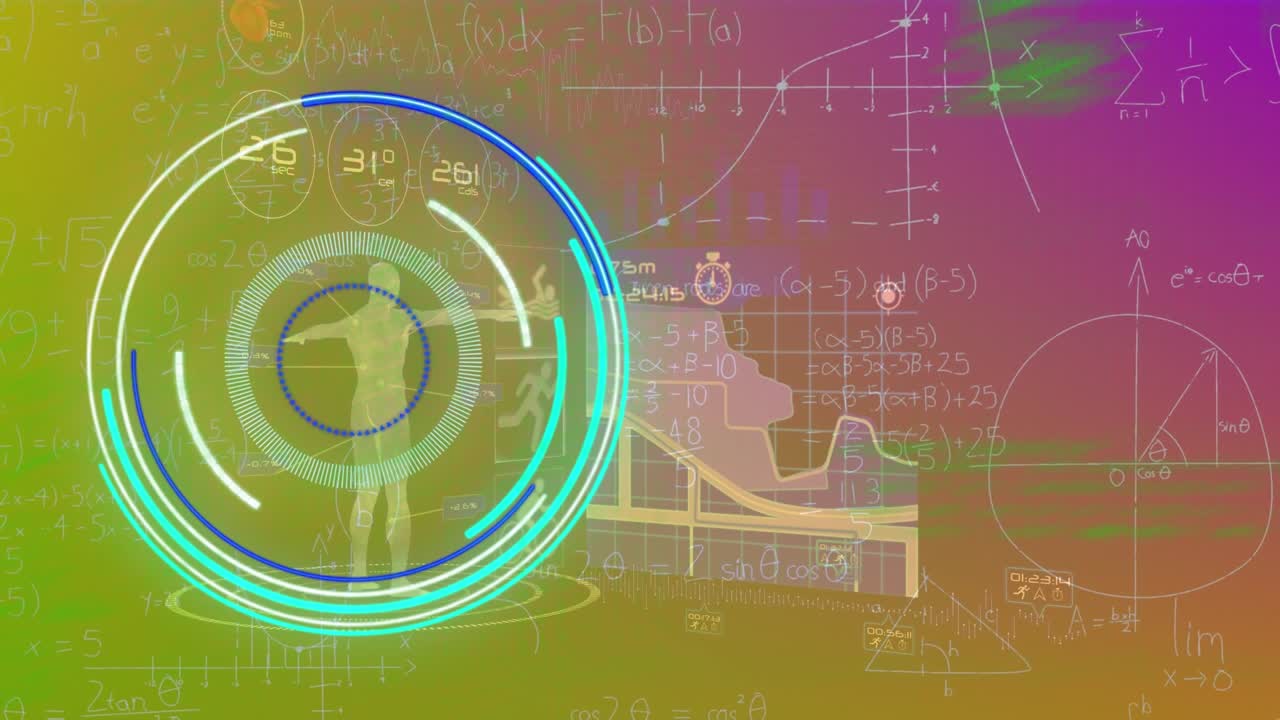 Animation of round scanner, mathematical equation and human body model on gradient background
