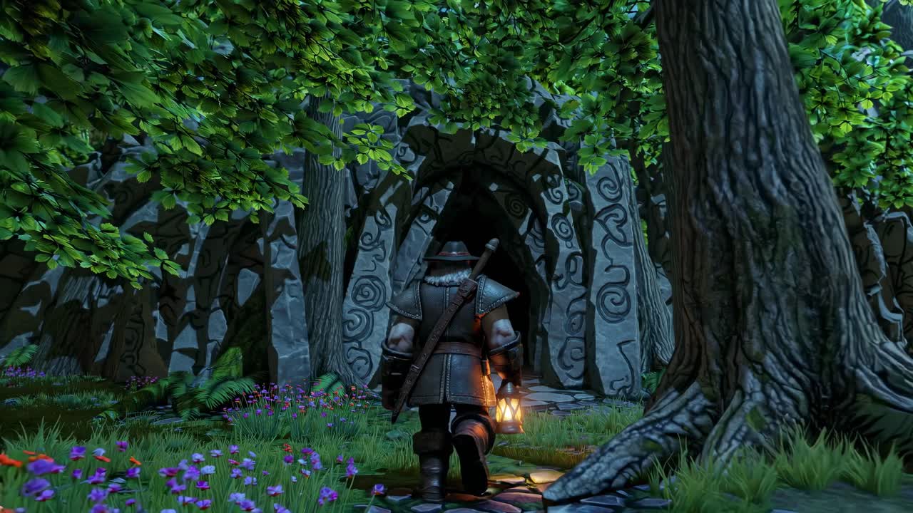 A video game scene shows a medieval adventurer with a torch approaching a cave